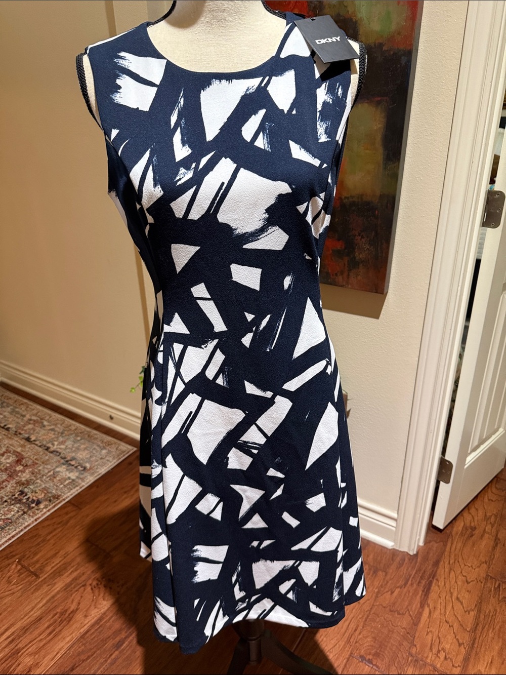 DKNY Navy and White Abstract Sleeveless A-Line Dress